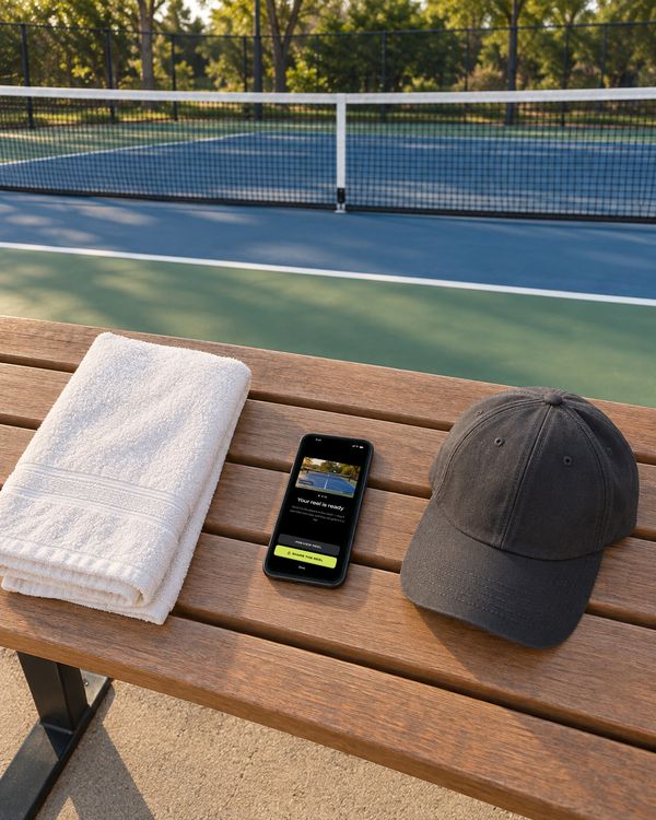 After the game, a towel, a cap and a phone lie on a courtside bench. The phone shows the finished reel.