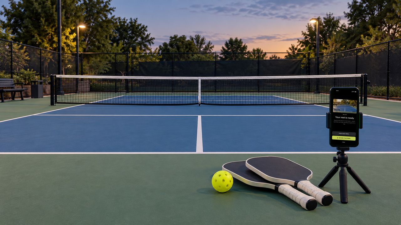 An empty court at blue hour, the lights just on. A phone on its tripod at the baseline shows DinkReel's Your reel is ready screen, two paddles and a ball beside it.