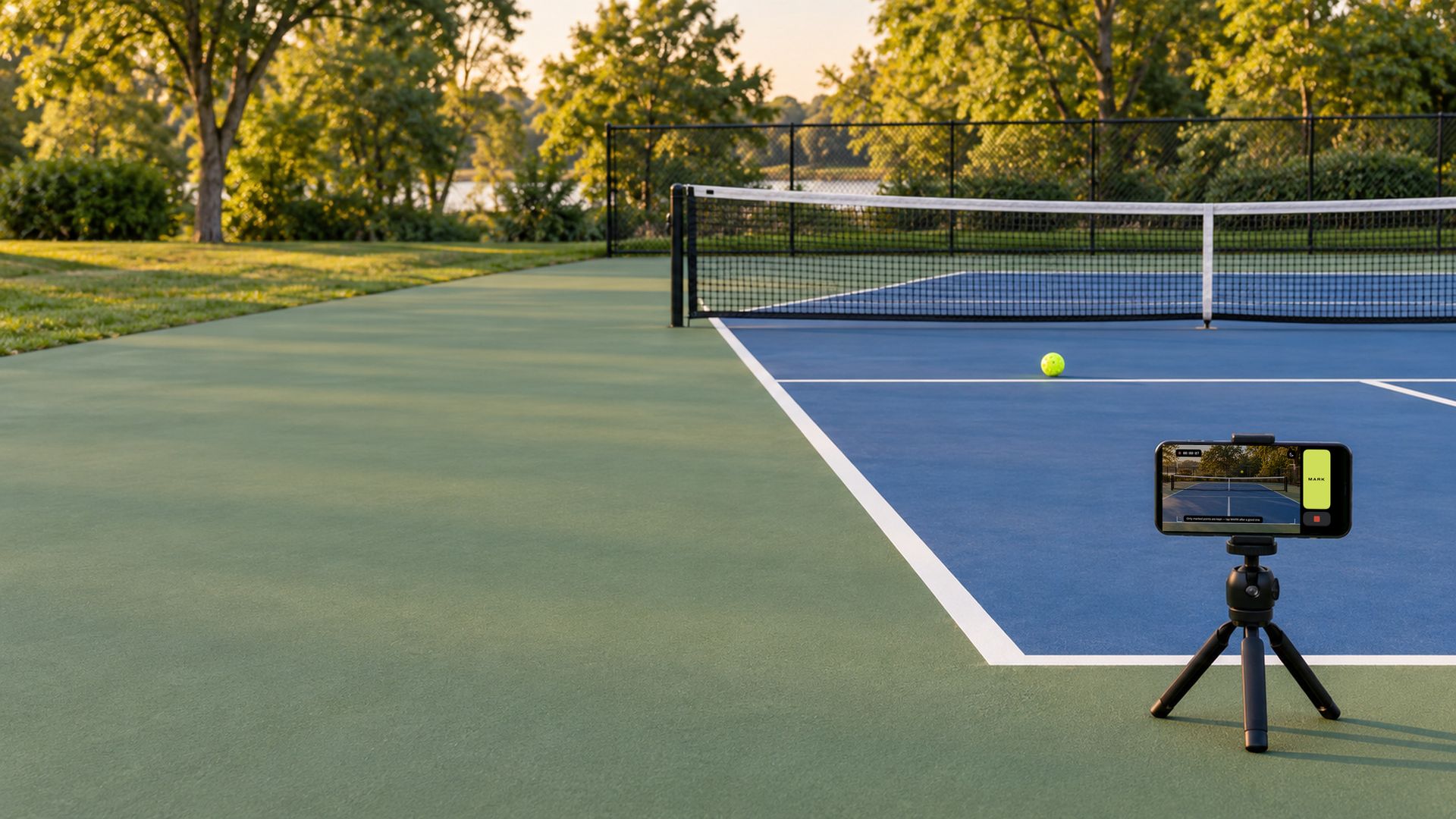 An empty pickleball court at golden hour. A phone on a small tripod at the baseline records in DinkReel; a ball rests by the kitchen line.