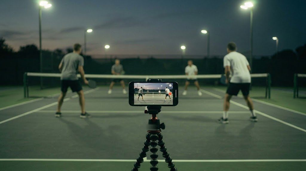 A phone on a small tripod at the edge of a pickleball court at dusk, recording a doubles game