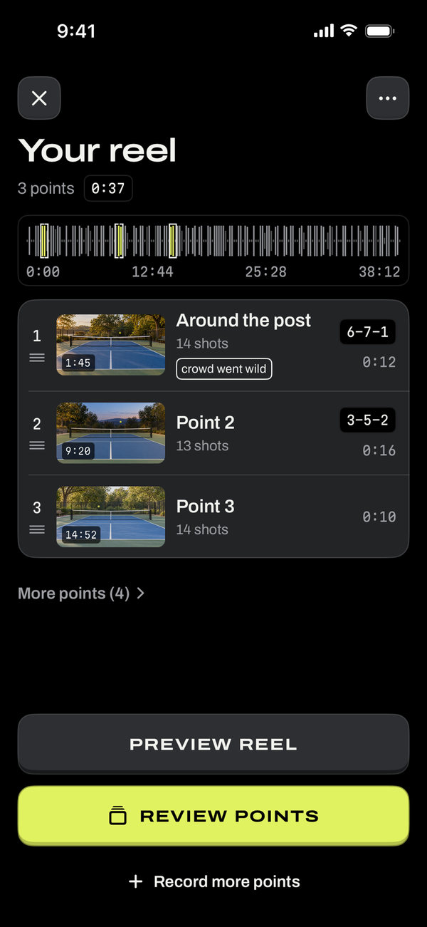 Your reel: three points bracketed on a strip of the whole game, each trimmed with its shot count and score call, plus More points (4) for the rallies you didn't mark.