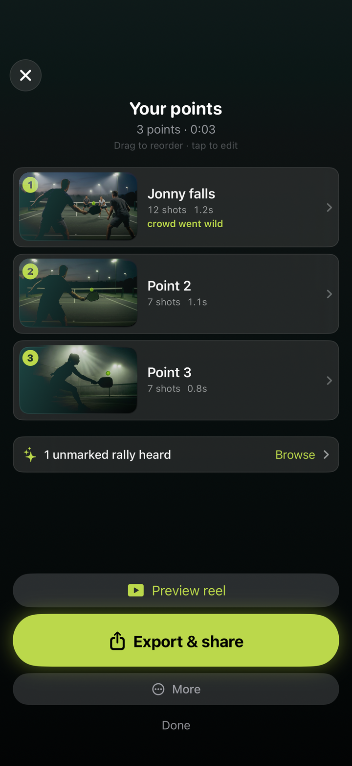 DinkReel reel screen showing the finished highlight reel with clip tiles and an Export and share button