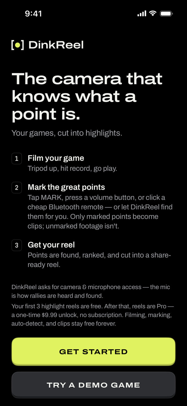 DinkReel's first screen: The camera that knows what a point is, three numbered steps, and the Get started and Try a demo game keys.
