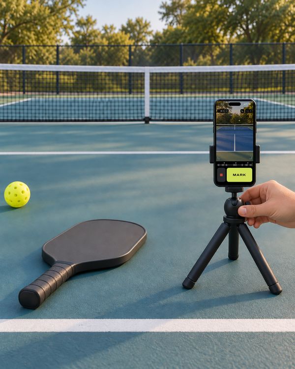 A hand sets a phone on a mini tripod at the edge of the court. DinkReel is recording: the court in frame lines, the sound strip, and the MARK key.