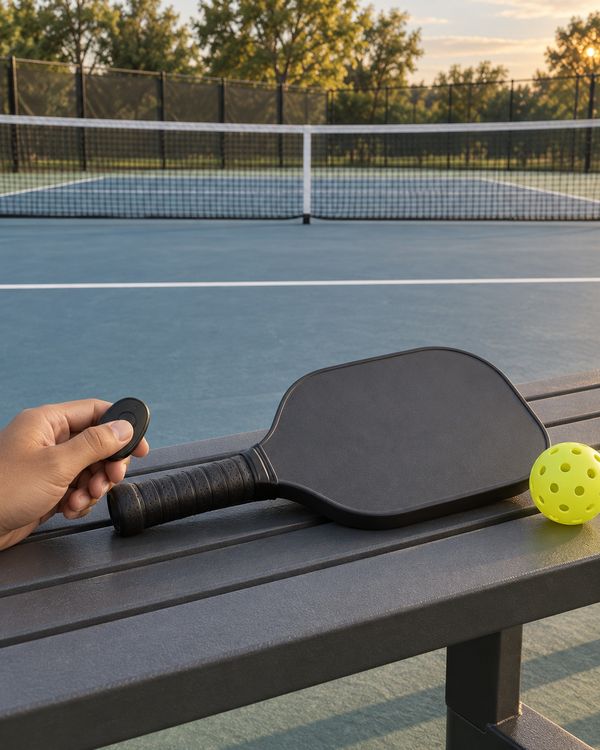 At sunset, a thumb presses a small black Bluetooth remote beside a paddle and a ball on a courtside bench.