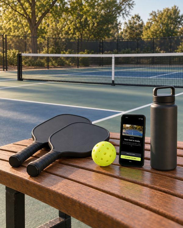 On a courtside bench, a phone stands between two paddles, a ball and a water bottle. It shows DinkReel's Your reel is ready screen.