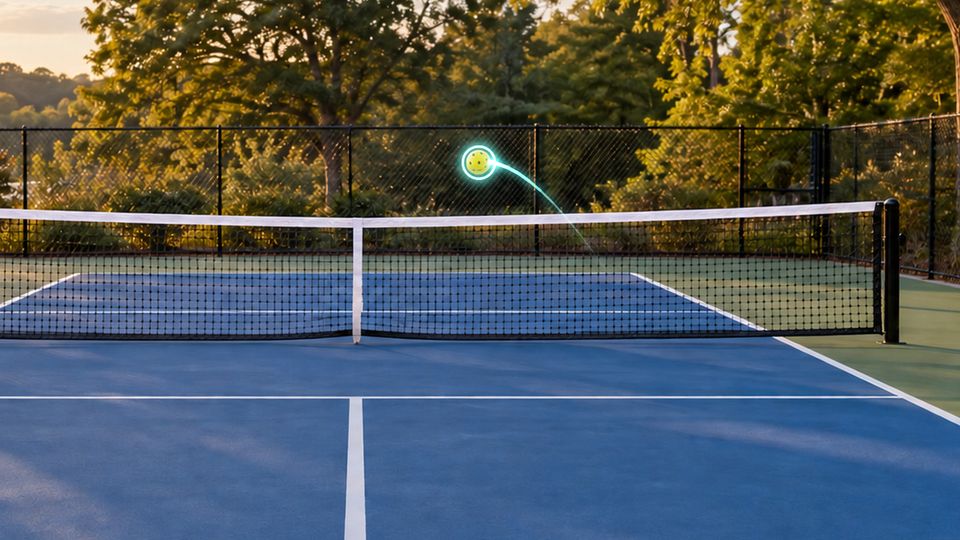 A ball in flight over the net of a golden-hour court, seen from behind the baseline. A teal ring circles the ball and a fading teal line follows its arc.